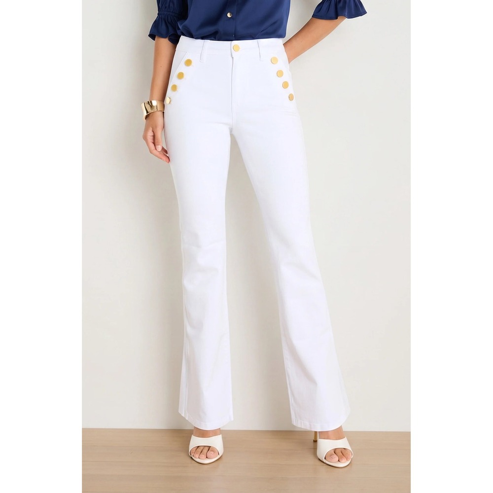 The Noli Shop Allegra Bootcut Jean White Gold Sailor Button High Rise 25